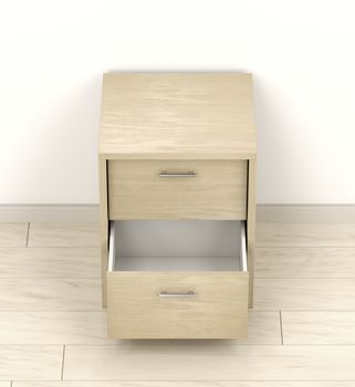 Wood nightstand with open drawer