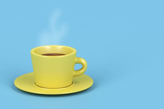Yellow coffee cup with hot espresso on blue background