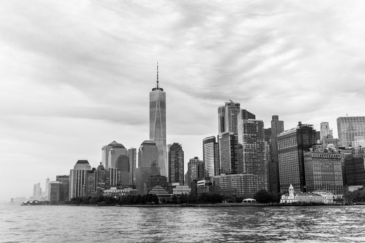 Panoramic view of Lower Manhattan, New York City, USA. Black and white.