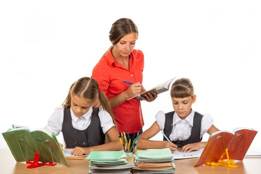 The teacher checks how students cope with the assignment and notes the progress in the diary