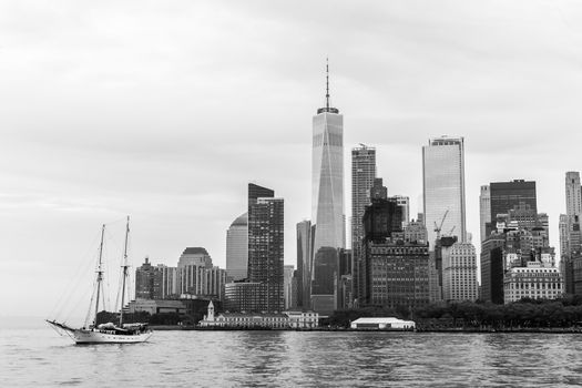 Panoramic view of Lower Manhattan and Jersey City, New York City, USA. Black and white image.