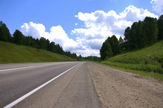 A straight asphalt road running through a summer forest. Altai, Siberia, Russia.