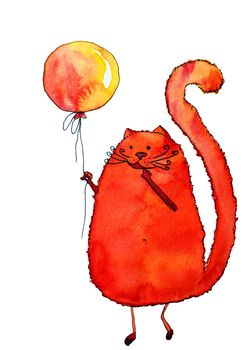 Watercolor hand drawn red cat with yellow balloon. Happy Birthday illustration