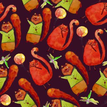 Seamless pattern of happy red cats with baloon painted in watercolor on dark background