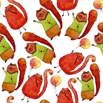 Seamless pattern of happy red cats with baloon painted in watercolor on white background