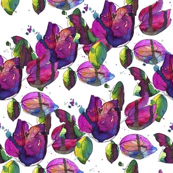 Illustration of blossom pink bougainvillea or paper flower . Watercolor painting retouch seamless pattern