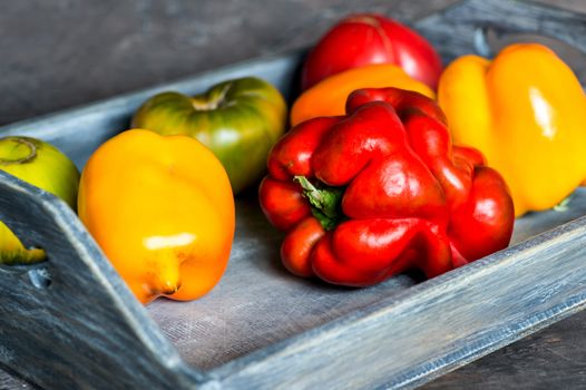 Imperfect natural peppers and tomatoes on an old wooden tray on a dark background. Healthy eating concept