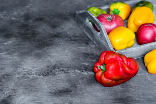 Imperfect natural peppers and tomatoes on an old wooden tray on a dark background. Healthy eating concept. Copy Space.