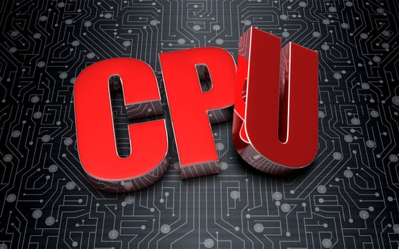 CPU 3D rendering placed on the black electronic circuit.