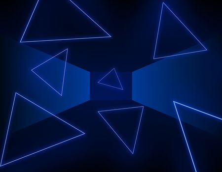 Blue dark abstract background with illuminated neon triangles, in the box. 3D illustration.