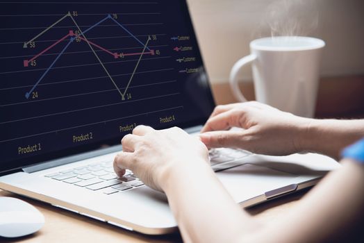 Woman working with computer with coffee cup in the hotel room - people working lifestyle concept