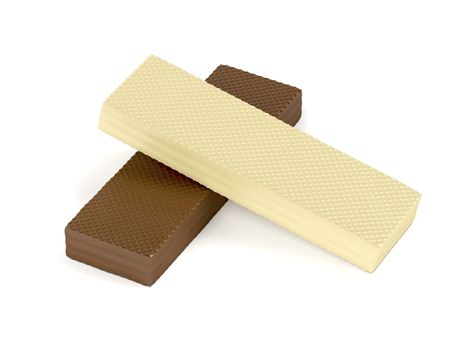 White and brown chocolate wafers on white background