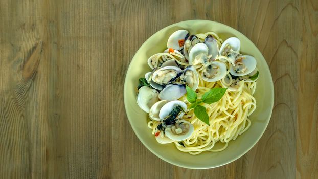 Clams pasta In White Wine Butter Sauce on dish