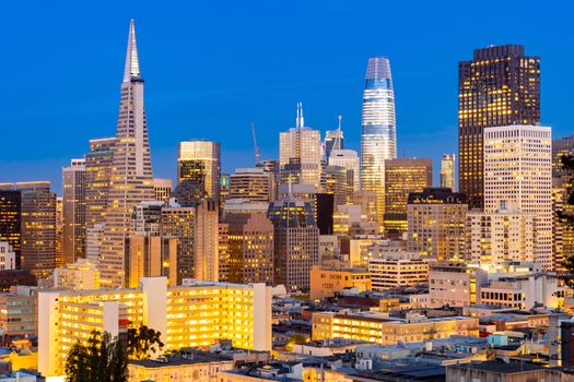 San Francisco downtown skyline Aerial view at sunset from Ina Coolbrith Park Hill in San Francisco, California, USA.