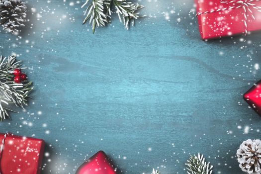 Christmas composition, blank for design - gifts and decorations on a textured background, copy space, place for text.