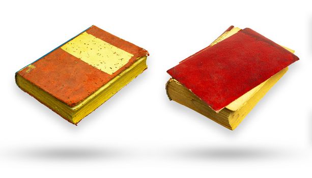 Red canvas and red leather cover old book. Isolate and clipping path on white background.
