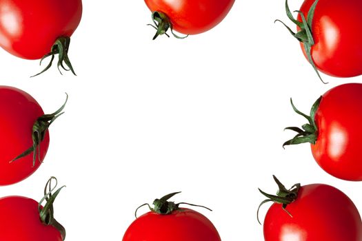 Frame of fresh cherry tomatoes isolated on white background, copy space. Macro, flat lay. Horizontal.