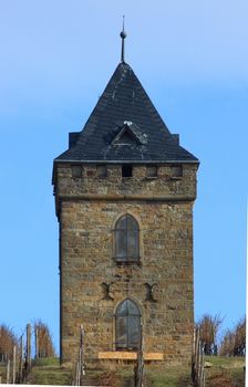 an old, square, tower with pointed roof in the Vineyard    Ein alter,eckiger,Turm mit spitzdach im Weinberg