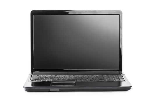 Close up shot of an open laptop, isolated on white background.