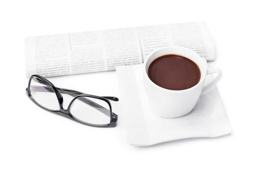Cup of coffee with a rolled up newspaper and glasses, isolated on white background. My morning routine.