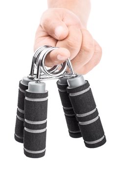 Close-up shot of male hand handing out hand grips, isolated on white background.