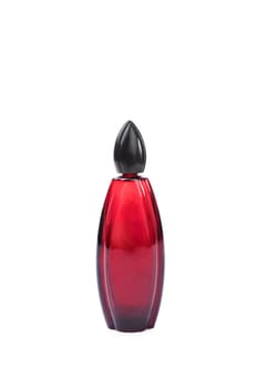 Close up shot of an elegant red perfume bottle, isolated on white background.