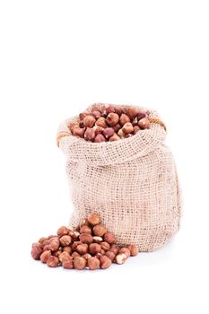Small burlap sack of fresh hazelnuts, isolated on white background.