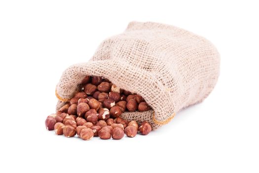 Spilled burlap sack of hazelnuts, isolated on white background.