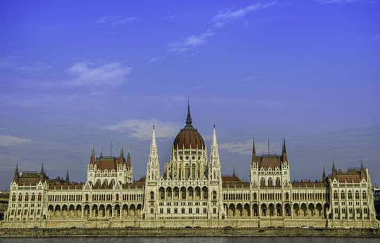 Front view of the Hungarian Parliament building from the Danube side during the day.