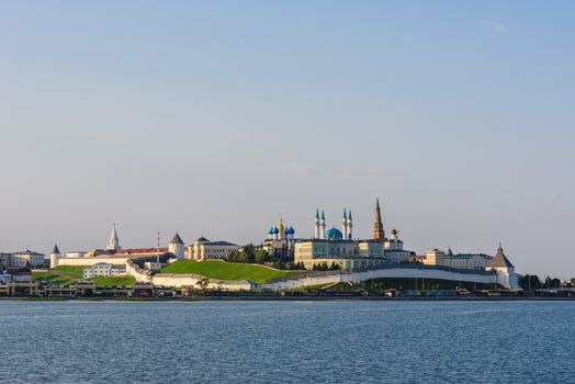 View of the Kazan Kremlin with Presidential Palace, Annunciation Cathedral, Soyembika Tower and Qolsharif Mosque from Kazanka River.