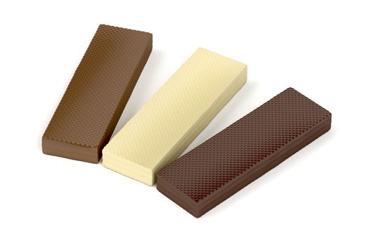 White, brown and dark chocolate wafers on white background