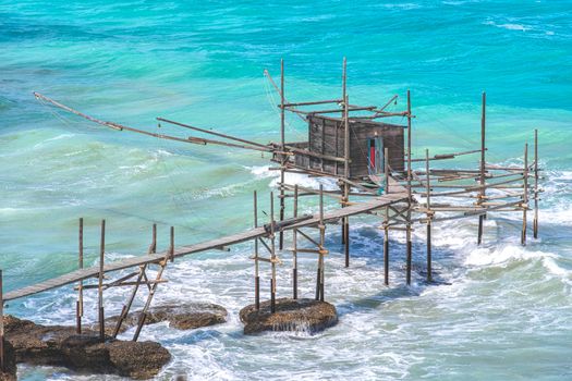 Trabocchi coast of Punta Aderci in Vasto - Abruzzo region Chieti trabucco or trabocco old wooden palatiffe stilt house shack fishing machine from south italy sea