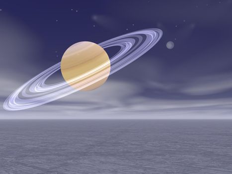 Saturn planet in a dream landscape and moon - 3d render