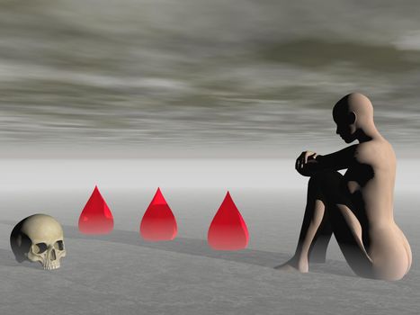 woman suffering in the middle of a landscape of death and blood - 3d render