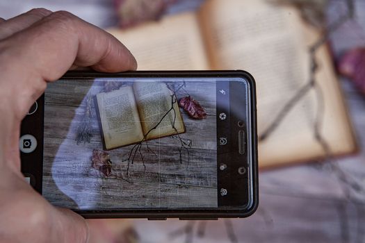 Old book and branch on an old wooden desk