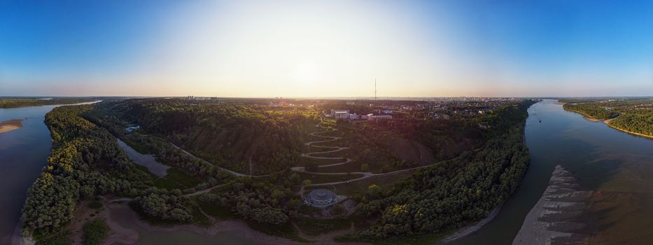 Panorama 360 of summer roads and river in Barnaul city, Altai, Russia. Aerial drone picture.
