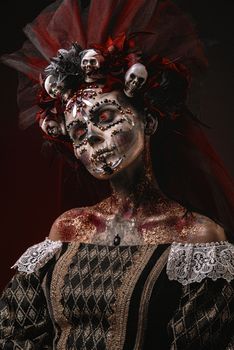 Santa Muerte Halloween Young Girl with creative scull Makeup