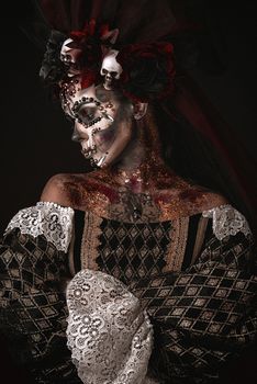 Santa Muerte Halloween Young Girl with creative scull Makeup