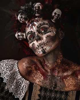 Santa Muerte Halloween Young Girl with creative scull Makeup