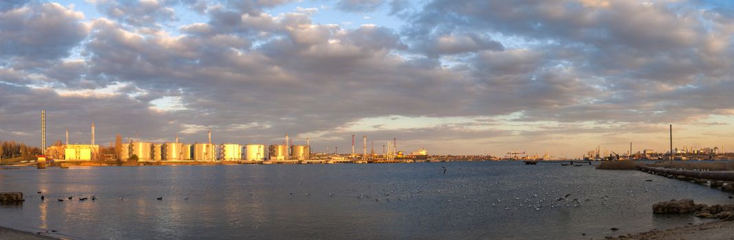 Odessa, Ukraine - 03.23.2019. Panoramic view of the ship repair harbor and commercial port in the water area of Sukhoi Estuary near Odessa, Ukraine