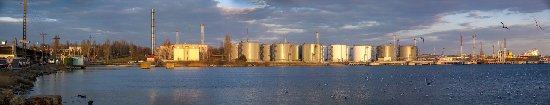 Odessa, Ukraine - 03.23.2019. Panoramic view of the ship repair harbor and commercial port in the water area of Sukhoi Estuary near Odessa, Ukraine