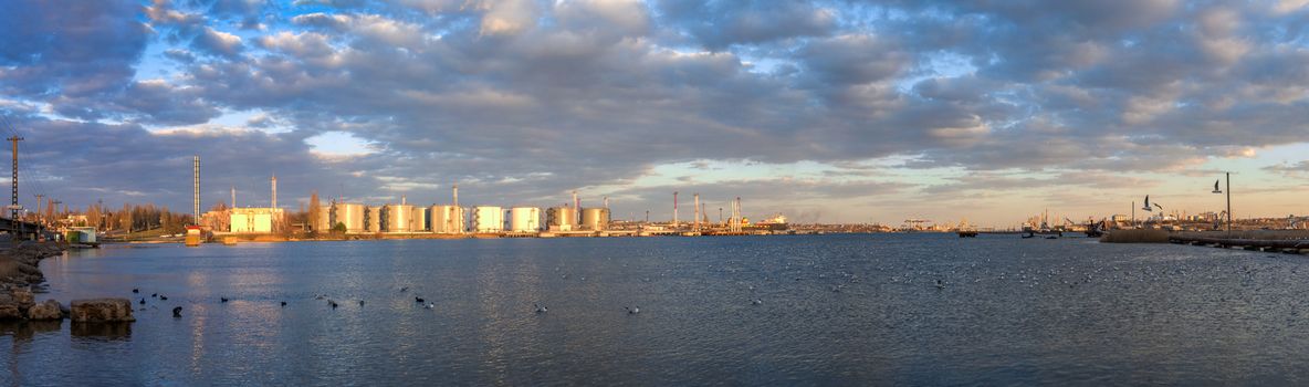 Odessa, Ukraine - 03.23.2019. Panoramic view of the ship repair harbor and commercial port in the water area of Sukhoi Estuary near Odessa, Ukraine