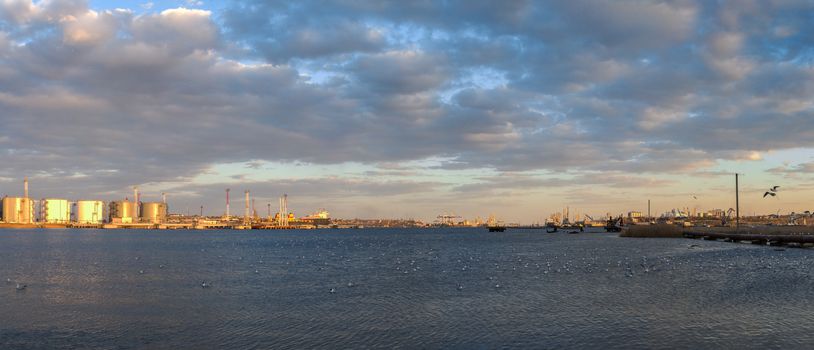 Odessa, Ukraine - 03.23.2019. Panoramic view of the ship repair harbor and commercial port in the water area of Sukhoi Estuary near Odessa, Ukraine