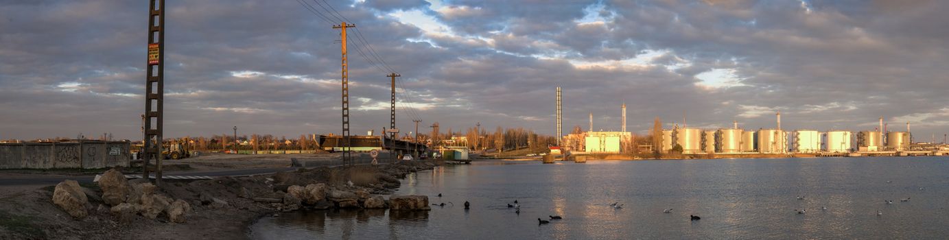 Odessa, Ukraine - 03.23.2019. Panoramic view of the ship repair harbor and commercial port in the water area of Sukhoi Estuary near Odessa, Ukraine