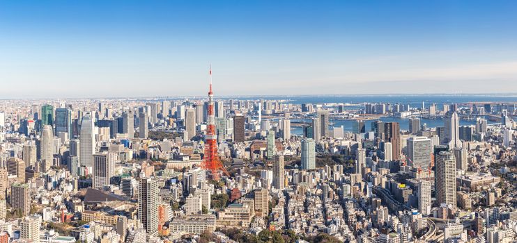 Tokyo Tower with skyline in Tokyo Japan Panorama