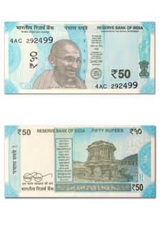 New Indian 50 rupees front and back view on isolted white background.