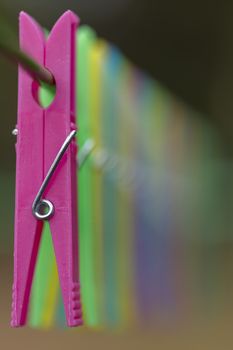 Colored clothes pegs in a row on a drying rack with little depth
