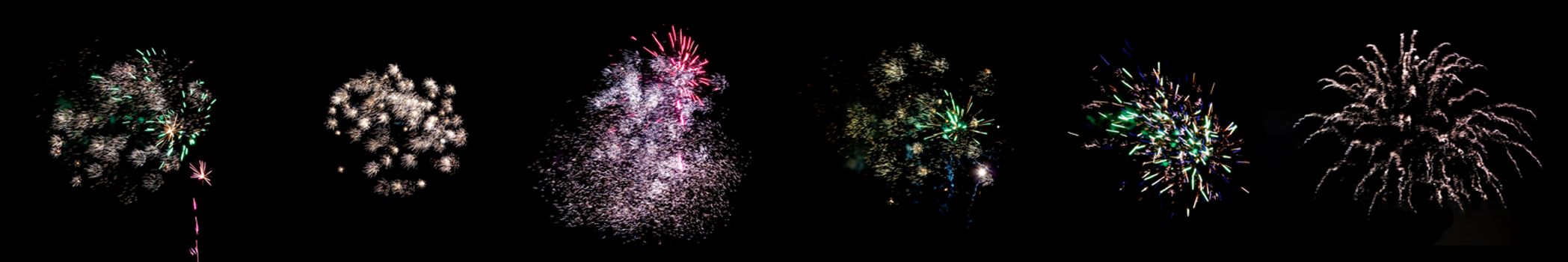 Set of multicolored flashes of fireworks isolated on black background.