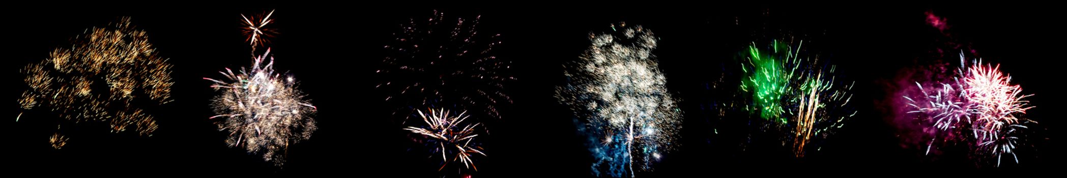 Set of multicolored flashes of fireworks isolated on black background.