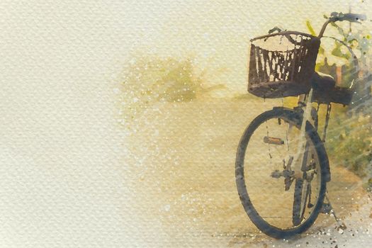 Bicycle parked on the wayside. Digital watercolor painting effect. Copy space for text.